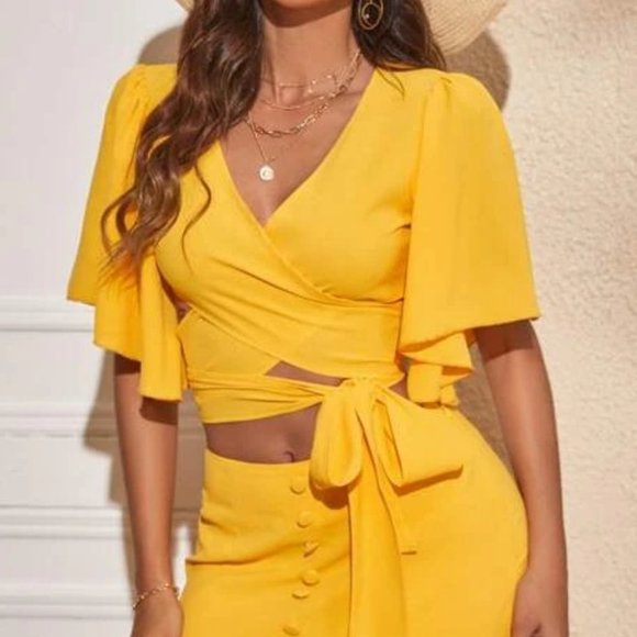 Cross Wrap Blouse & Split Hem Skirt 2 piece set -Yellow - Picture 3 of 8
